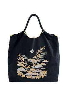 1pc New Fashion Embroidered Crane Pattern Lightweight Nylon Large Capacity Tote Bag, Adjustable Shoulder Strap, Suitable For Party, Travel, Shopping And Beach