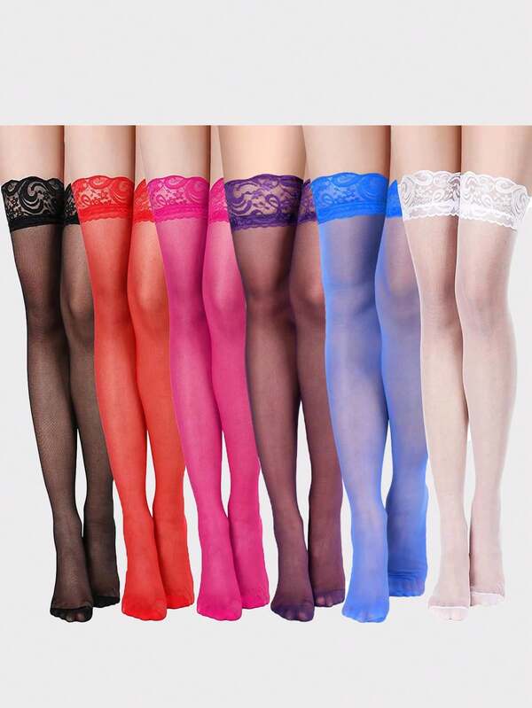 1 par de medias altas para muslos de mujer con silicona antideslizante y encaje, medias de seda y mallas para mujeres y niñas