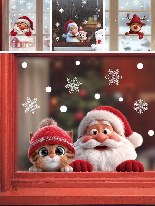 1Pc Reusable Christmas Wall Stickers Window Clings With Cartoon Snowflake, Cute Santa And Cats For Kids Room Holiday Decor