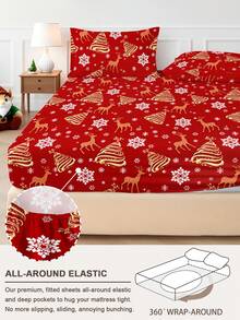 2/3 pièces Ensemble de literie avec imprimé nœud de Noël, renne, sapin de Noël (hors rembourrage), drap-housse de chambre, en tissu microfibre doux, respirant et confortable, comprend 1 housse de matelas et 1/2 taies d'oreiller, ensemble de draps-housses, options de taille : super king, king, queen, twin, respirant et confortable, conception à poche profonde jusqu'à 30 cm, résistant aux froissures, améliore la qualité du sommeil, lavable en machine, cadeau de literie de Noël - Multicolore - Voir 4