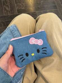 Sanrio 1 pieza Monedero bordado con gato Kitty de Sanrio, bolsa de almacenamiento mini, bolsa cosmética portátil, bordado de alta calidad para mujer, billetera mini, monedero, billetera de viaje de otoño, monedero para monedas, monedero para dinero, estilo Y2K