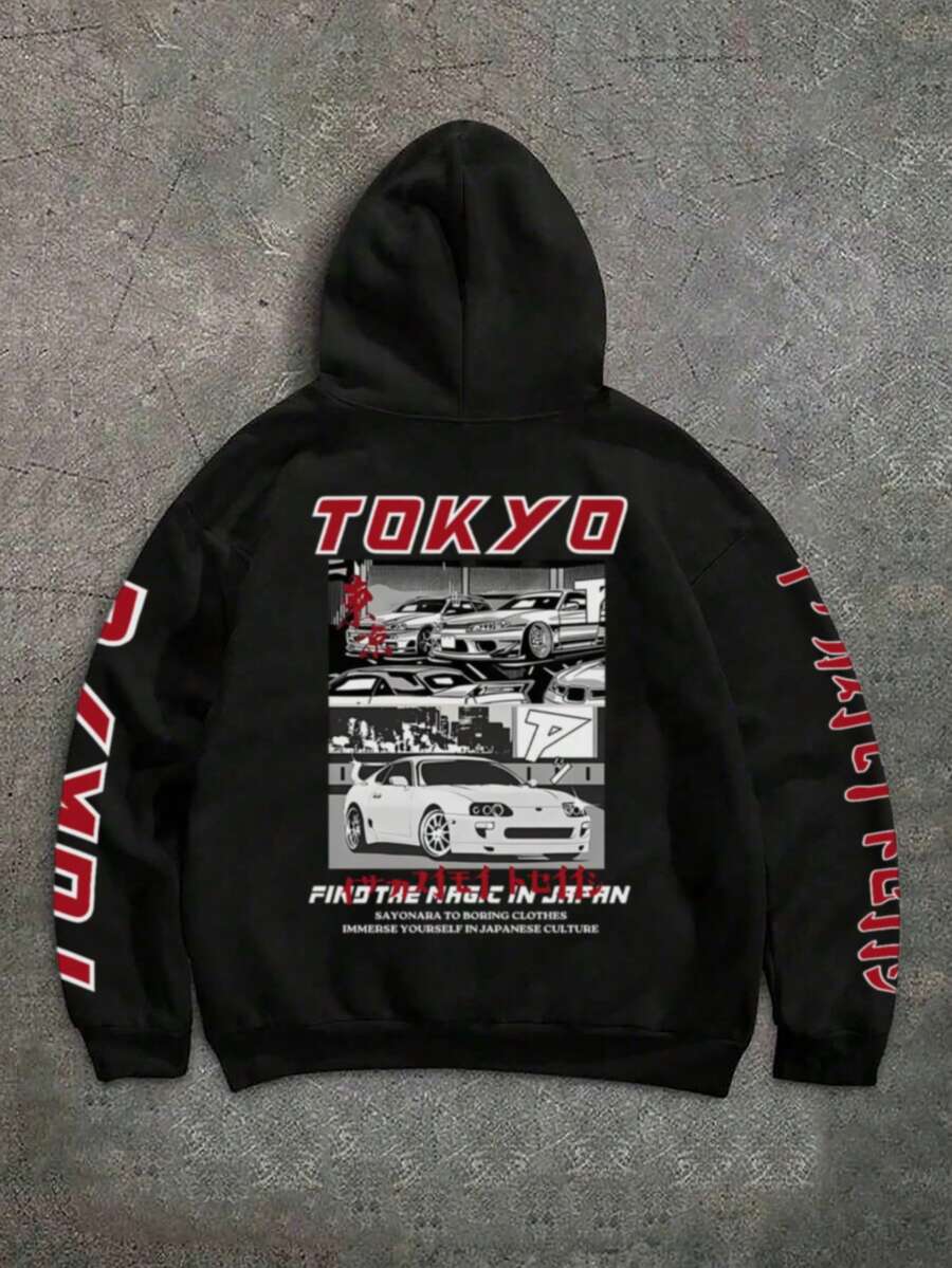 男士黑色连帽衫，带汽车图案和日语标语，东京街头风格，秋冬 - 黑色 - 查看 1