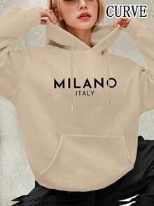 Plus Women's Letter Drawstring Pocket Hooded Sweatshirt - Apricot - View 2