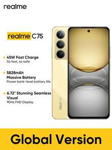 Realme C75 解锁手机 8GB+128GB/8GB+256GB 全球版，4G LTE，安卓 14 智能手机，50MP 摄像头，5828mAh 大容量电池，45W 快速充电，闪电金 - 金色 - 查看 1