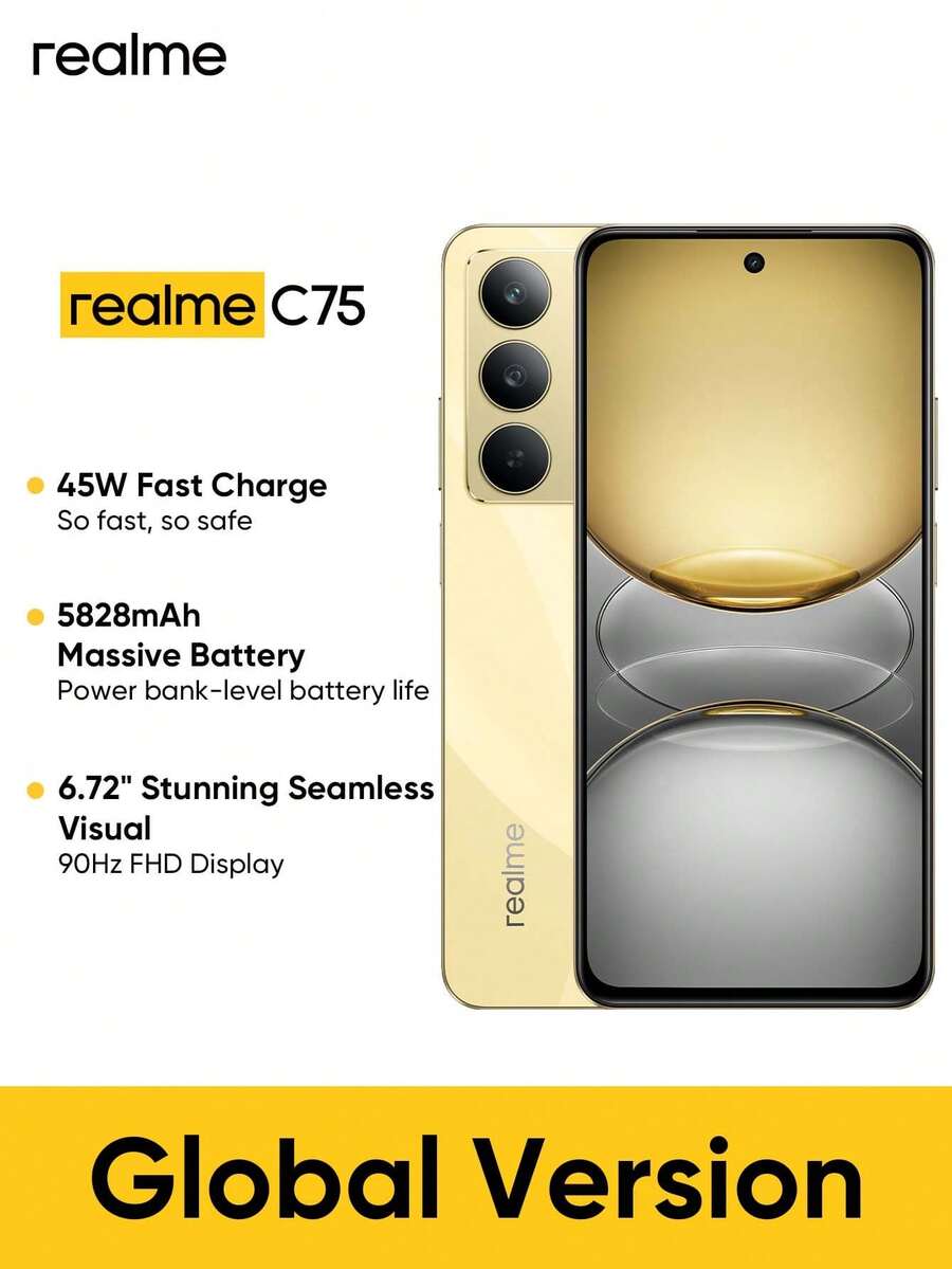 Realme C75 解锁手机 8GB+128GB/8GB+256GB 全球版，4G LTE，安卓 14 智能手机，50MP 摄像头，5828mAh 大容量电池，45W 快速充电，闪电金 - 金色 - 查看 1