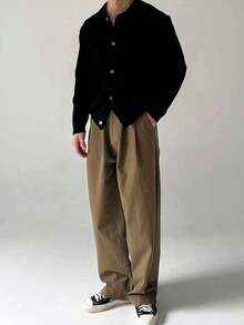 Men Casual Slim Fit Solid Color Pants, Soft & Comfortable - Suitable For Daily Commute, Casual And Business Wear, Fall - Brown - View 4