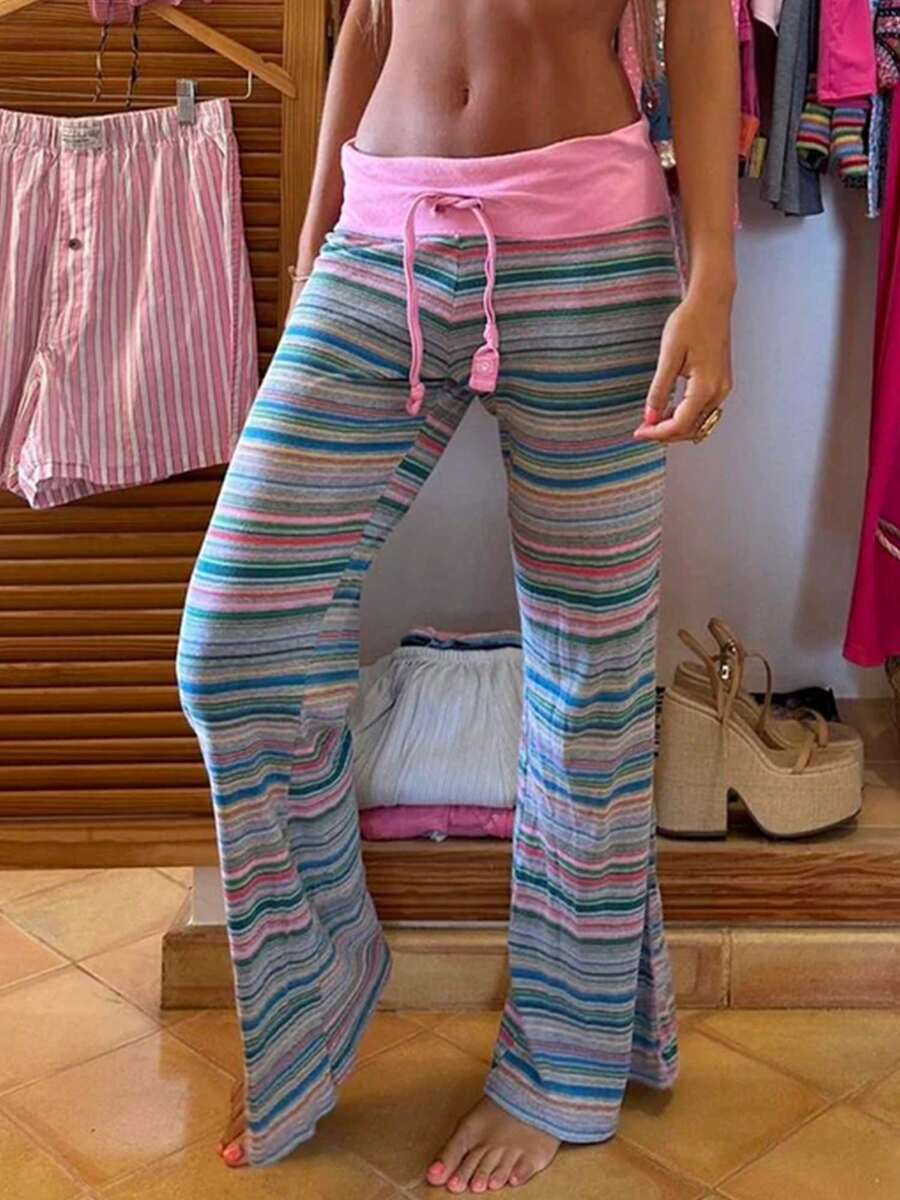 Women Y2K Striped Drawstring Waist Flare Pants Colorful Boho Casual Lounge Trousers - 粉色 - 查看 1
