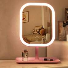 1 pieza Espejo de maquillaje LED con base giratoria y panel - Brillo ajustable, control táctil, espejo de tocador alimentado por USB con almacenamiento, caja de cosméticos portátil, regalo para mujeres - 2 colores disponibles