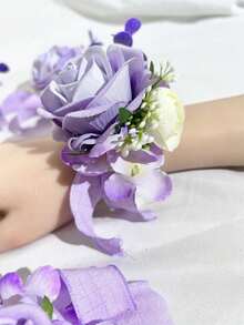 1/6 bông hoa hồng nhân tạo cài cổ tay cô dâu, hoa cài tay cho chị em gái phù dâu, hoa trang trí đám cưới, tiệc tùng, phụ kiện ngày Valentine - Màu tím hoa cà - Xem 8