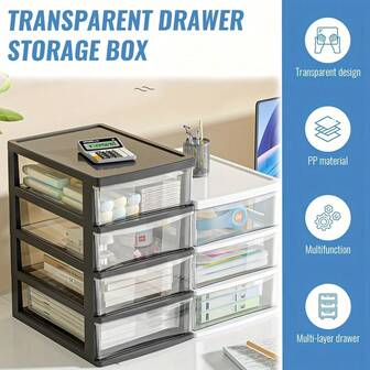 这款时尚透明抽屉式办公桌面收纳盒，可用于存放化妆品、文具和学生用品，是整理工作空间的理想之选。它有两种尺寸可供选择，适合家庭和办公室使用。这款时尚实用的收纳盒能有效提升您的工作效率，是返校季和节日送礼的完美之选。让您的必需品整齐有序、触手可及，这款现代收纳盒更能提升您的桌面美感。
