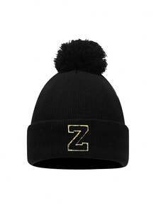 个性化婴儿帽，单只绒球帽，定制 A-Z 字母婴儿帽，男童女童无檐小帽，儿童针织帽，温暖可爱，帽子，日常时尚，适合返校生日礼物 - 黑色 - 查看 5