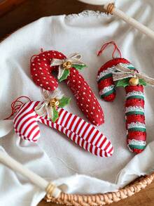 1 buc Ornamente de Crăciun în formă de baston de bomboane, material textil, cu dungi, agățat pedant cu fundă de in și clopoțel de Crăciun pentru decorarea bradului de Crăciun, sărbători, festivități de Crăciun, decorațiuni pentru camera de acasă, decorațiuni de Crăciun de iarnă