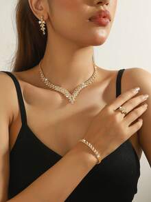 5pcs Luxury Rhinestone Geometric Necklace, Earrings, Bracelet, Ring Jewelry Set, Elegant & Fashionable For Wedding, Party, Daily Commute - Gold - View 7