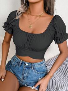 Spring And Summer Sexy Cute Solid Color Bow Tie Short Top Shirt Blue Green Black - màu đen - Xem 5