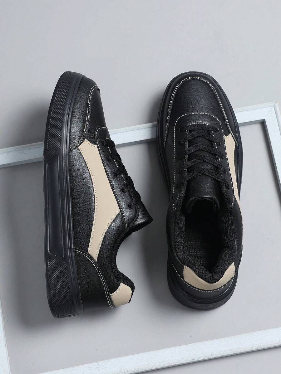 Tênis de Skate Estiloso de Estilo de Rua Masculino, Sola Macia Plana Confortável Sapatos Esportivos Acadêmicos, Tênis Casuais de Cadarço Preto, Sapatos Diários para Atividades Externas Masculinas