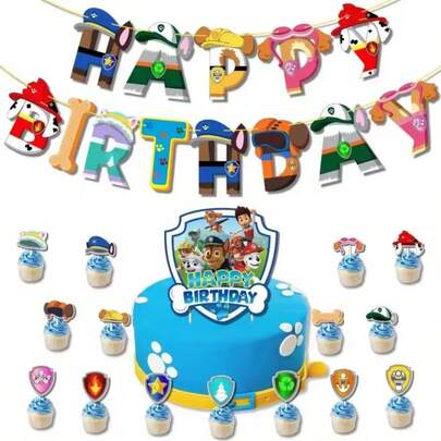 17Pcs Paw Patrol DIY Party Decor Happy Birthday Banner Paper Bunting Garland Banners Pulling Flags Children Shower Supplies Decor Gift