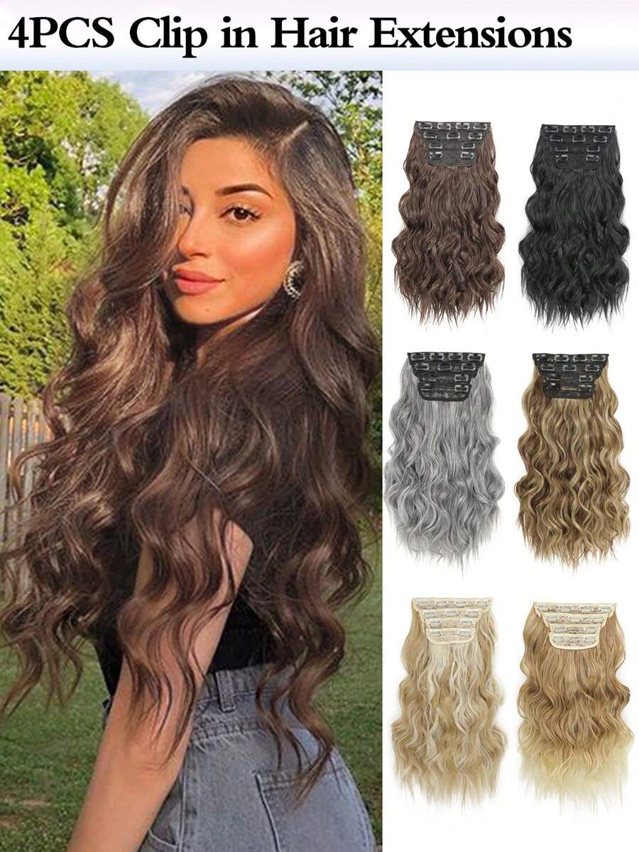 Clip-In Long Wavy Hair Extensions (20 Inch, 4PCS) - Soft & Natural Synthetic Fiber, For Women