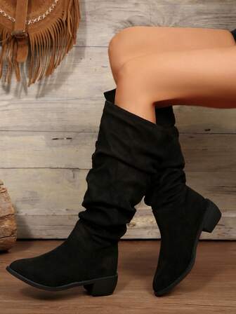 Black Knee-High Boots, Western Style Women's Pleated Over-The-Knee Boots, Suede Fabric, Slip-On Design, Comfortable Chunky Heel, Elegant & Versatile, Autumn/Winter