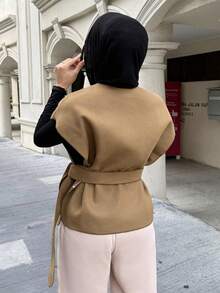 DAZY 女士纯色蝙蝠袖商务休闲大衣，秋冬复古风格女式外套，秋季女装，优雅时尚 - 卡其色 - 查看 3