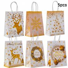 25pcs White & Gold Christmas Gift Bags, Party Handled Paper Bags With Reindeer & Snowflake Wreath Design, Suitable For Birthday, Anniversary, Garden Celebration, Christmas Gifts, Gift Sets, Christmas Themed Parties, Sturdy Paper Bag Material, Suitable For Christmas, Wedding Gifts, Online Gift Packaging