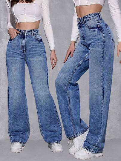 XIANGHE Pantalones vaqueros rectos con pierna ancha y desgastados