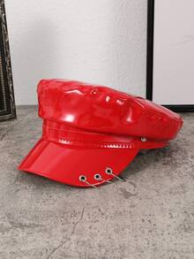 1 件女式黑色和红色闪亮皮革防水铆钉朋克风格平顶报童帽，适合派对、表演、购物和拍照