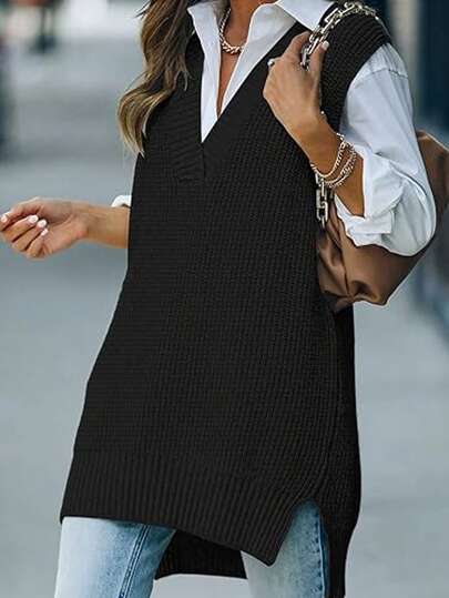 Plus Size Women Elegant Mature Fashion Sleeveless Pullover Sweater Vest, Minimalist Casual Daily Wear, V-Neck Knit Sweater, Suitable For Spring, Autumn, Winter