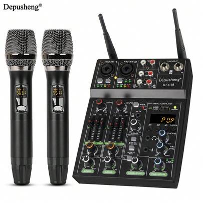 DEPUSHENG Mini mezclador de audio portátil profesional Depusheng UF4-M para DJ de 4 canales con 2 micrófonos inalámbricos