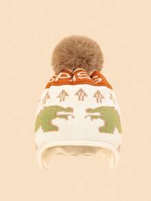 1 peça chapéu de bebê de malha com estampa de dinossauro e pompom, adorável e moderno, macio e confortável, quente para bebês de 1 a 2 anos no outono/inverno