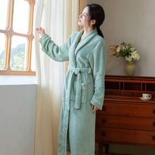Bata de baño de franela suave y cálida para mujer, otoño/invierno, bata de dormir con cuello de chal grueso, bata de ducha esponjosa y cálida, chaqueta casual para el hogar
