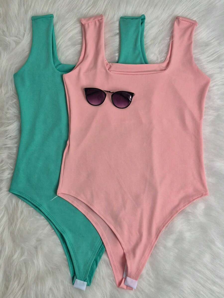 KIT OF 2 PLUS SIZE BODYSUITS IN SUPLEX MESH FOR WOMEN'S FASHION - 淺綠色/淡粉紅色 - 查看 1