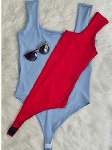 KIT OF 2 PLUS SIZE BODYSUITS IN SUPLEX MESH FOR WOMEN'S FASHION - LIGHT BLUE/RED - View 2