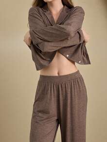 Anewsta Leisure Lapel Collar Button Front PJ Set Holiday Season, Winter Clothes - Coffee Brown - View 6