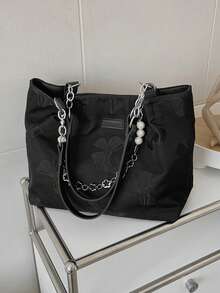 女士花卉布艺托特包，大容量通勤包，时尚百搭必备 - 黑色 - 查看 9