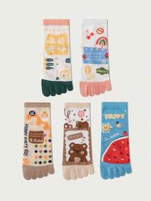 1/3/5 双女式卡通图案分趾袜，时尚中筒袜，百搭可爱长袜，适合春、秋、冬 - 彩色 - 查看 9