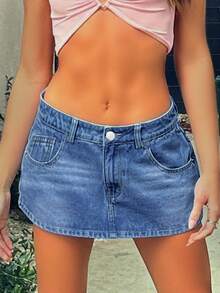 女式 Y2K A 字牛仔迷你裙 - 棉混纺基本款百搭性感休闲纯色迷你裙 - 中等水洗藍 - 查看 2