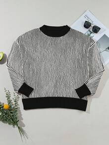 Acelitt Áo len chui đầu dài tay dáng rộng màu tương phản sọc thời trang - màu đen - Xem 5