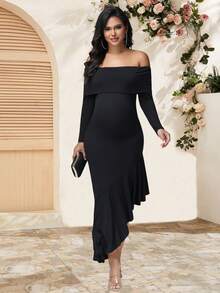 JustVH Maternity Bohemia Off-Shoulder Long Sleeves Dress Asymmetric Ruffle Hem Bodycon Maxi Dress For Baby Shower Photoshoot Party - Black - View 5