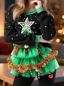 Womens 3D Christmas Costume Sweatshirts Long Sleeve Round Neck Loose Pullovers Holiday Tops - Negro - Ver 2