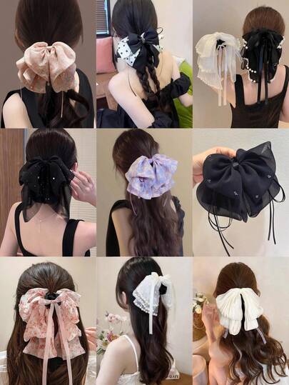 1pc Butterfly & Flower Print Solid Color Hair Claw, Elegant Princess Hair Accessory For Ponytail, Made Of Polyester Fall Winter Hair Clip Claw Clip Hair Accessories For Women Bows For Vacation Outfits Woman Fashion Hair Clutch Summer