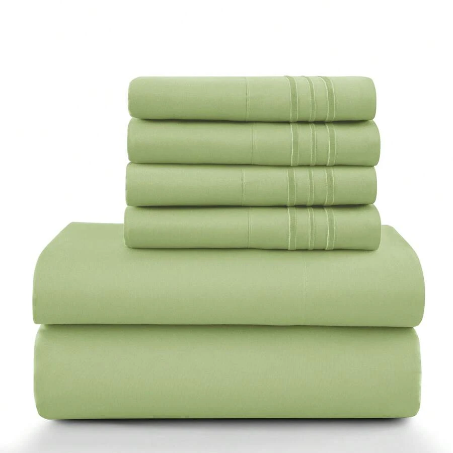 LUX DECOR 6-Piece Embroidered Bed Sheet Set – Brushed Microfiber, Deep Pocket, Lightweight & Breathable – Graduation Gifts, Home Decor, Sleep Protection For Dorms, Student Beds, Back‑To‑School Gift, Soft Bed Linens, Comfortable Sleep, Luxury Bed Set, Valentine's Day Bedroom, Spring Bedding Refresh, Guest Room Essentials, Dorm Room Bedding, Premium Bed Linens, Easy Care Sheets, Hypoallergenic Fabric, Year-Round Comfort, Master Bedroom Update, Matching Bedding Set, Hotel Quality Linens - 橄欖綠 - 查看 1