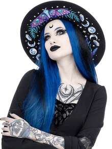 BREITER 1 件女式 Y2K 复古哥特式女巫帽,黑色印花涤纶毡帽,带有精致五角星和蕾丝花边,适合万圣节、圣诞节、化妆舞会、节日礼物 - 平簷禮帽 - 查看 33