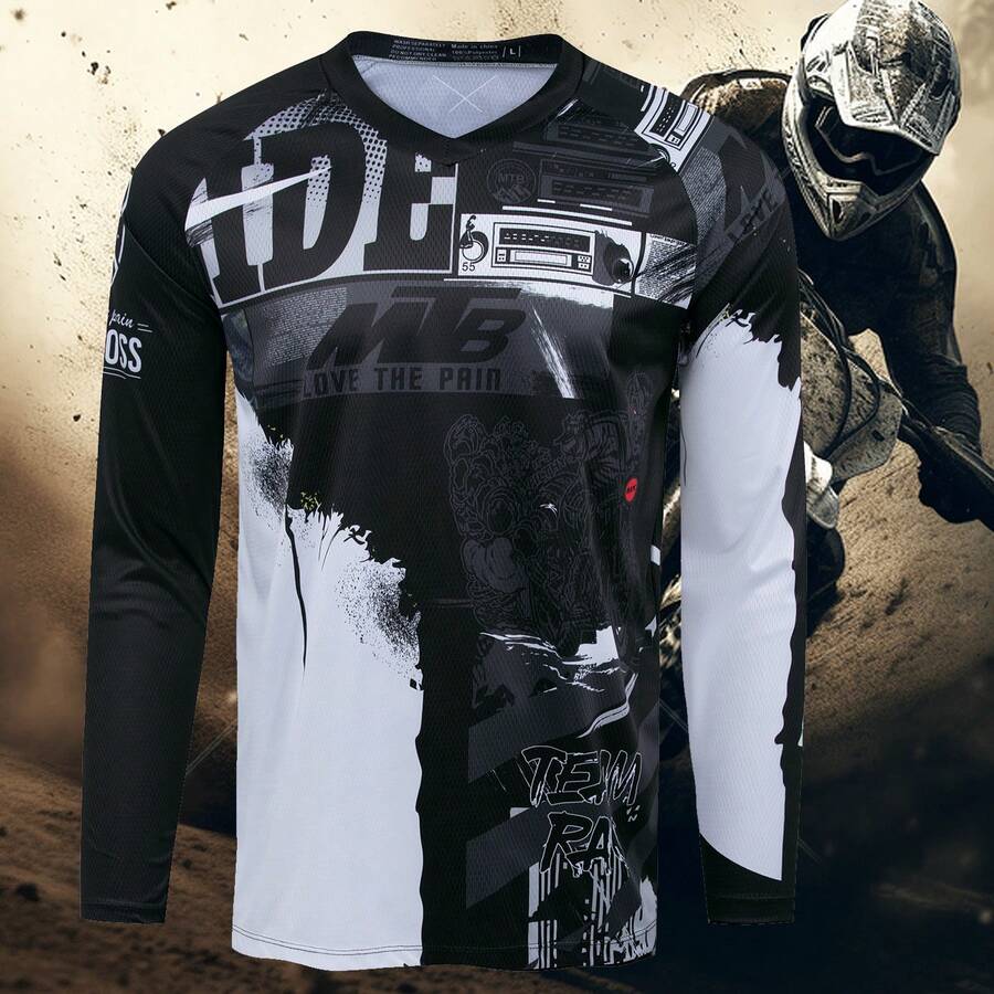 2025 男友款男士长袖越野摩托车骑行服 Teleyi 速降山地自行车 MTB 衬衫 越野 DH 摩托车越野摩托车服装 - 黑與白 - 查看 1