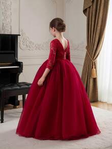Tween Girl Lace Trim Deep V Back Mesh Princess Dress, Suitable For Birthday Party, Easter, Flower Girl, Wedding, Prom, Holiday Occasions - Burgundy - View 2