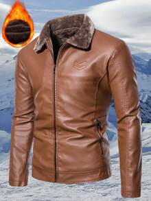 Men's Autumn Winter Fashion Motorcycle Style Plush And Fleece Lined PU Faux Leather Solid Fur Collar Jacket - Solid Color With Zipper Pockets, Suitable For Outdoor Activities Such As Cycling And Hiking - 咖啡棕 - 查看 3