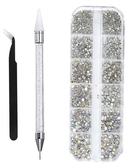 12格6种尺寸透明水钻平底闪亮水晶AB美甲宝石，配有镊子和点钻笔，2000颗3D圆形水晶美甲装饰，适用于面部和眼部化妆，DIY美甲工艺