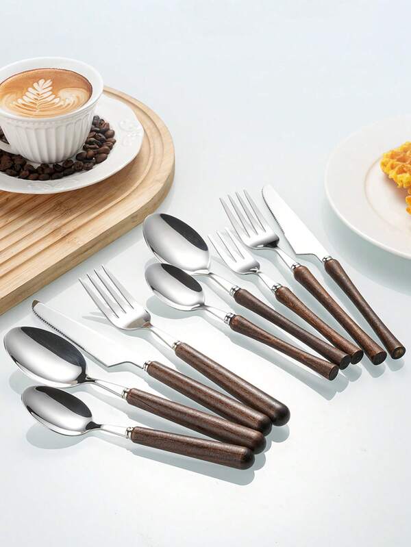 2/4/12 piezas Juego de cubiertos occidentales con mango de madera, que incluye cuchillo de mesa, cuchara de mesa, tenedor de mesa, cuchara de postre, opciones de mango de madera redondeado y de cintura delgada, herramientas y accesorios de cocina adecuados para comedor de hotel, comidas diarias, fiestas de cumpleaños, reuniones festivas