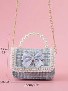 1pc Mini Bow Pearl Lace PU Metallic Chain Flap Closure Cute Handbag Shoulder Bag Snack Bag, Suitable For Teenagers Daily Outing And Festivals - Blue - View 2