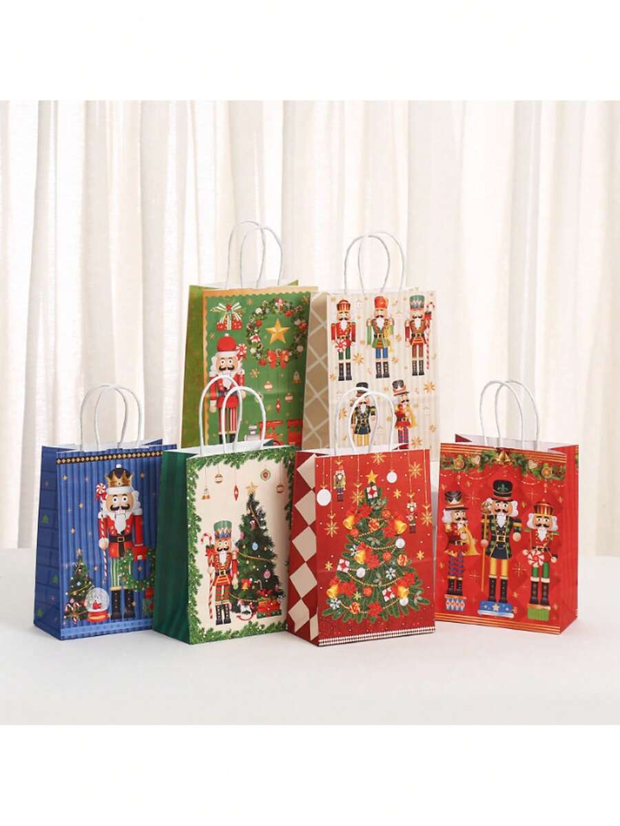 6/12/18 piezas, Bolsa de tela con estampado de Cascanueces, Bolsa de regalo para fiesta de Navidad, Bolsa de papel kraft con dibujos animados, Suministros para fiesta de Navidad - Multicolor - Ver 1