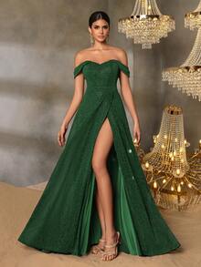 女士优雅露肩高开衩 A 字形礼服：适合盛大婚礼、尊贵舞厅舞会、独家红毯活动、高端慈善晚会、奢华新年晚会 - 墨綠色 - 查看 1